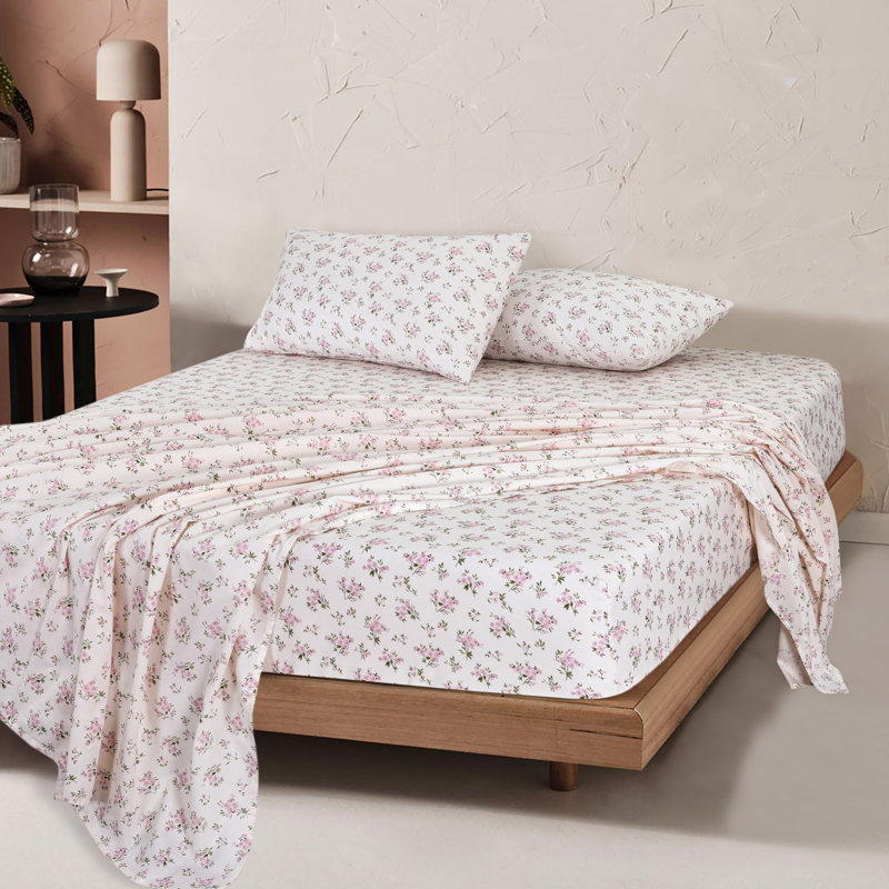 100% Cotton Twin XL Size Bed Sheets Set with Deep Pockets, Cozy Percale sheets with Elastic Fitted Sheet 3 Piece Bedding and Pillowcase set, Floral Pink