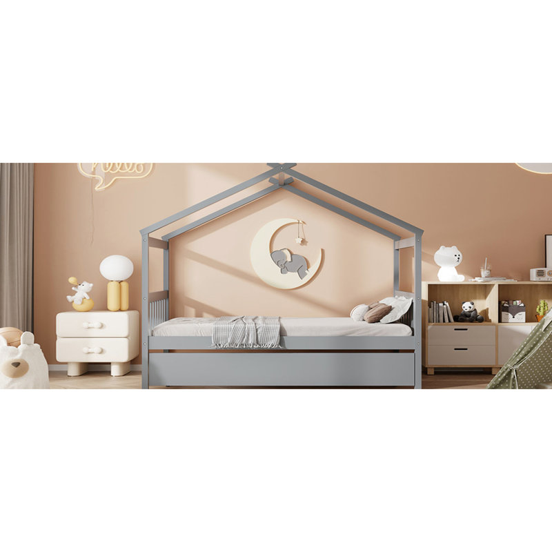 Lit simple en bois gris avec lit gigogne, conception spéciale, matériau en bois de pin, taille de sommeil confortable et polyvalente, structure en pin, hauteur de 62,8 po pour la chambre à coucher