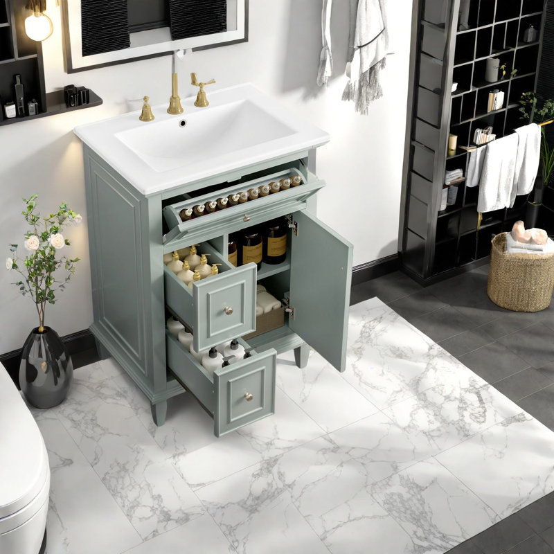 Compact Solid Wood Vanities With Sink, Modern Green Design For Space-saving Storage