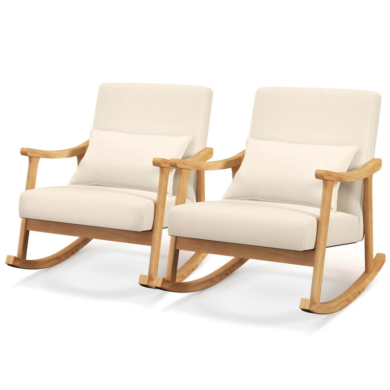  2 Pcs Upholstered Rocking Chair With Pillow Rocking Armchair With Rubber Wood Frame Beige