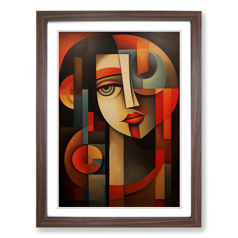 Indian Woman Cubism No.4 - Single Picture Frame Print on Wood, 46cm H x 34cm W x 2cm D, Walnut 