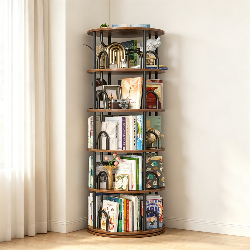 Rotating Bookshelf Tower – 5-Tier Corner Shelf & Spinning Bookcase, Walnut