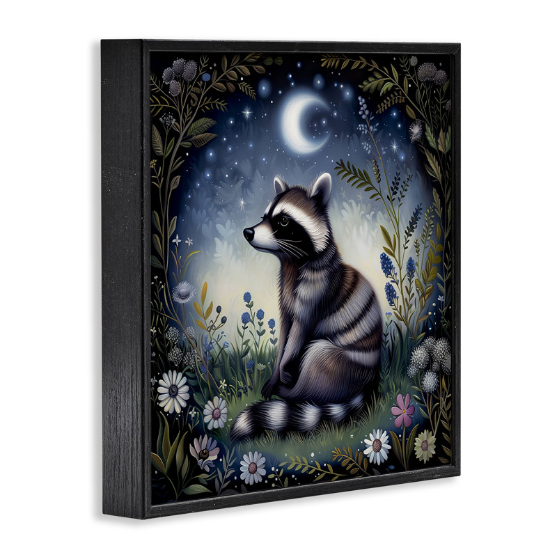 Raton laveur sous la forêt de nuit, estampe numérique par The Dutch Lady, H 12 po x l 12 po, Giclée encadrée noir minuit