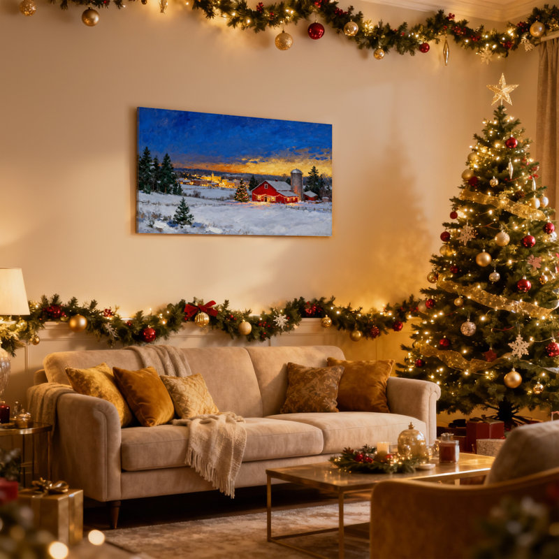 Scène de grange de Noël avec neige et lumières, ensemble de 3 impressions sur toile, H 12 po x l 18 po