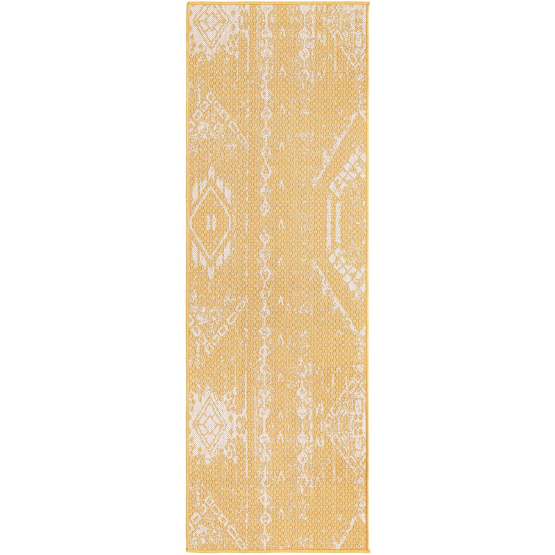 Tapis intérieur / extérieur jaune en polypropylène tissé à la machine 9 pi 10 po x 13 pi Broux, Tapis de couloir 2 pi x 6 pi