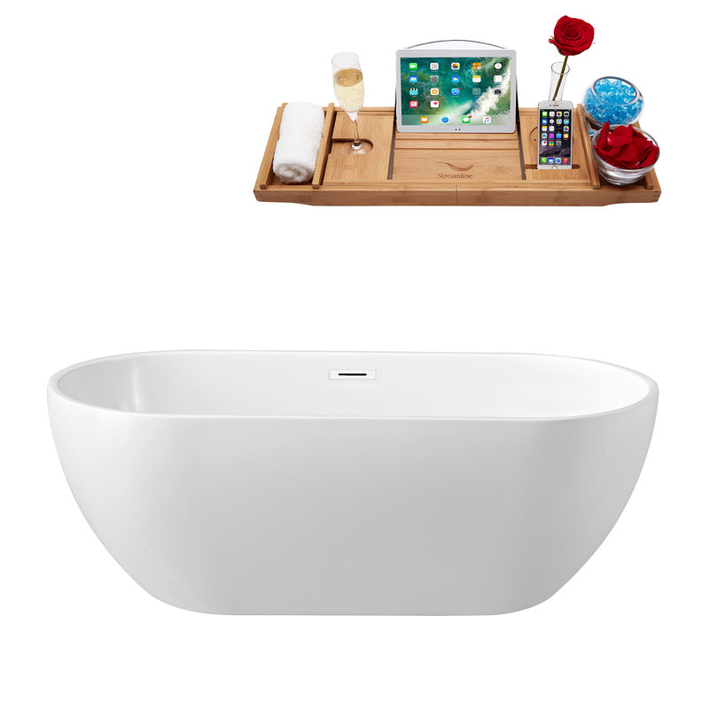 Streamline Freestanding Soaking Acrylic Bathtub With Drain and Bamboo Tray, Glossy White
