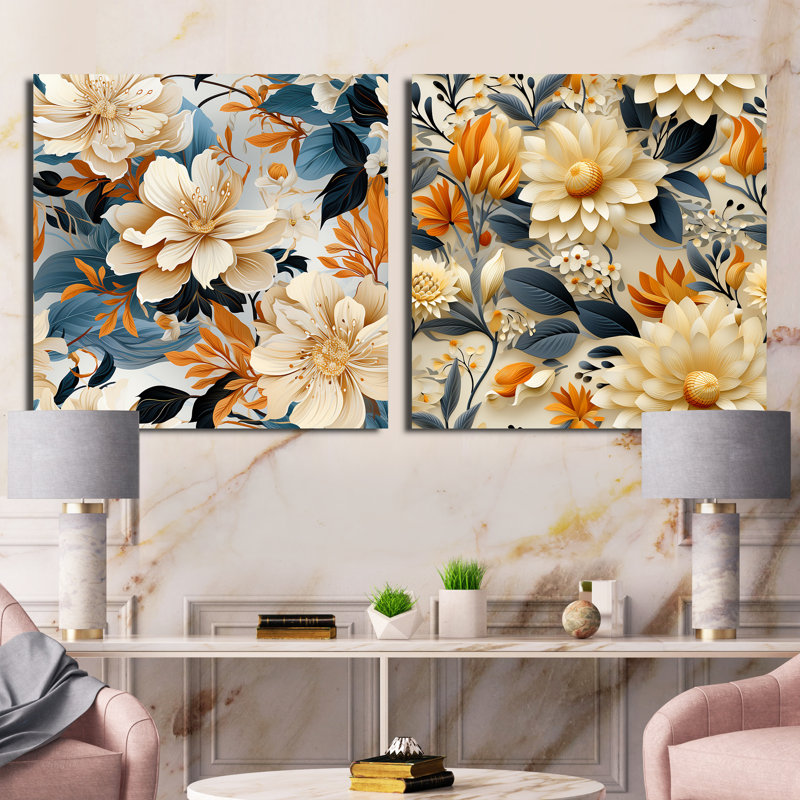 Muelle - Ensemble de 2 collages carrés floraux, Toile tendue, H 16 po x l 33 po