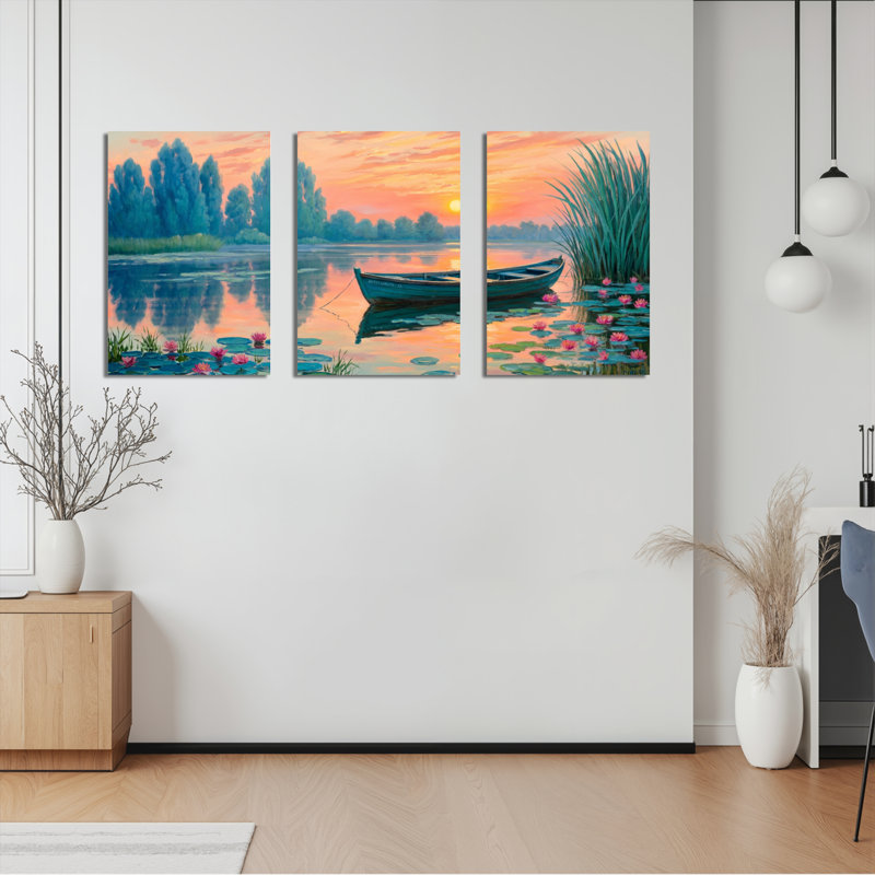 Ensemble de 3 tableaux sur toile représentant un coucher de soleil sur un lac avec bateau et nénuphars, H 24 po x l 48 po