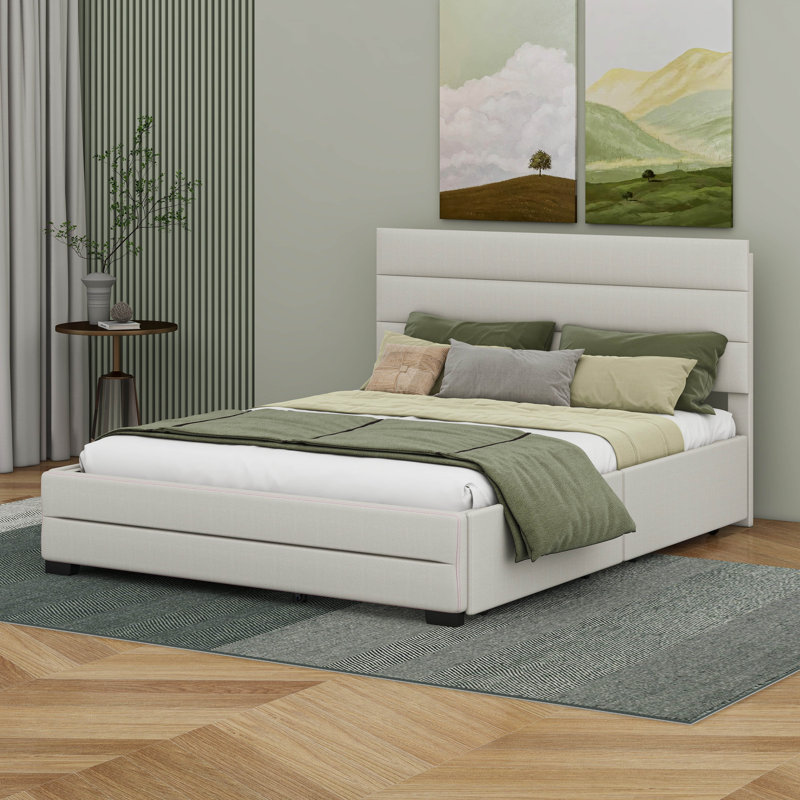Grand lit plateforme tapissier avec lit gigogne simple et deux tiroirs