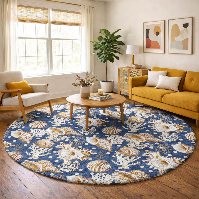 Premium Machine Washable Dream Shag ADS185 Shells Rug, Blue, 8' Round