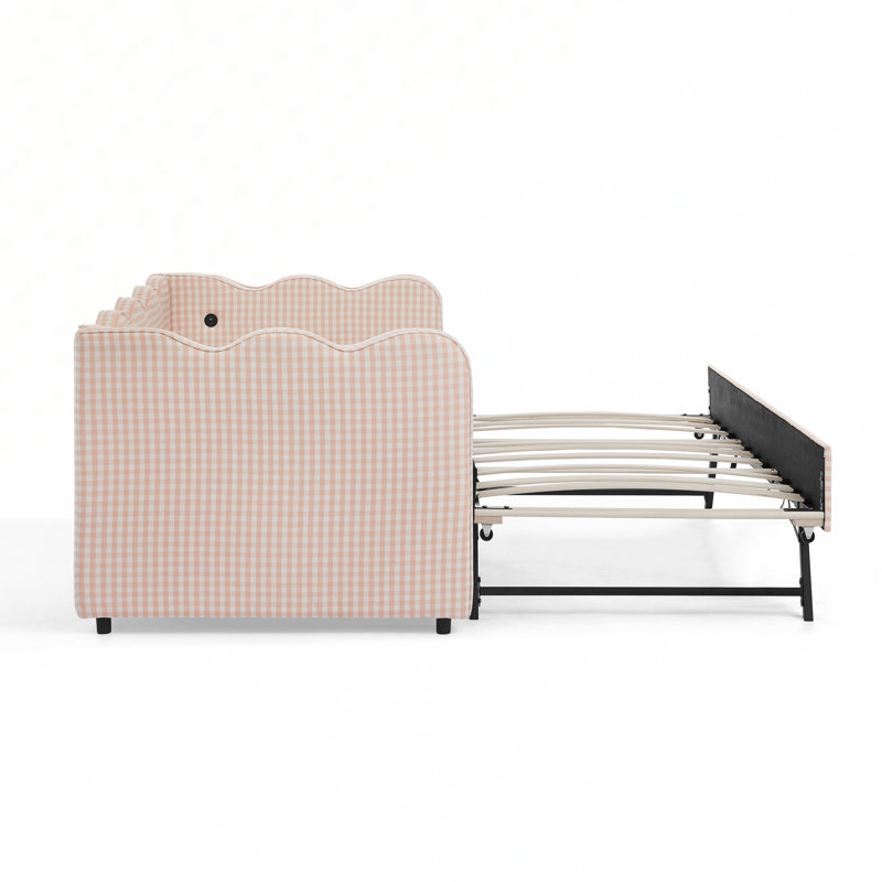 Lit de jour en lin avec couchette, port USB et adorable forme de vague, Rose