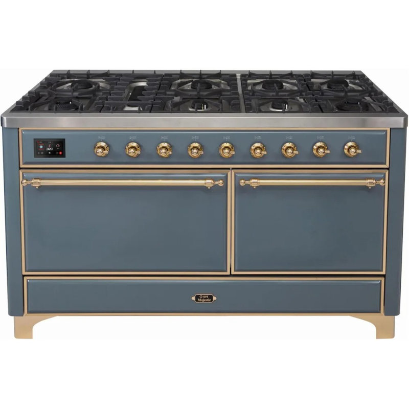 ILVE UM15FDQNS3BKCLP Majestic II 60 inch Dual Fuel Range with 9 Burners, Griddle (Liquid Propane, Solid Door, Glossy Black, Chrome)