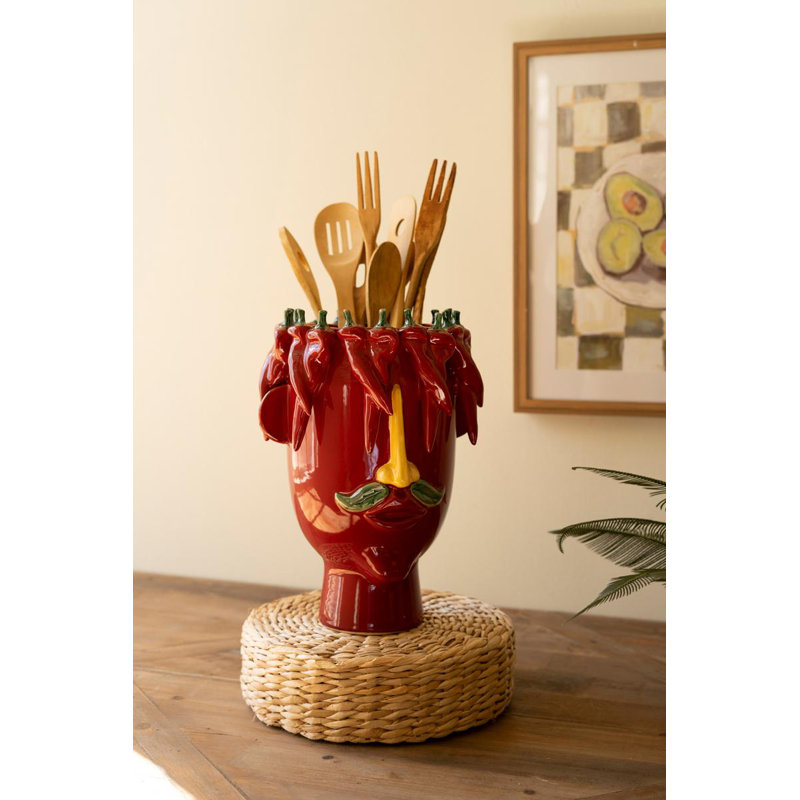  Head Planter Vase 14"H Ceramic, Red Peppers Design Multicolor Glazed Finish