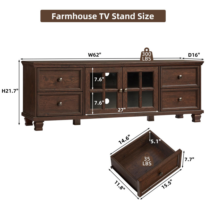 Farmhouse TV Stand for Living Room, Rustic Brown Entertainment Center with Storage Cabinet,Wood TV Console with 4 Drawers,Modern TV Stands for Bedroom