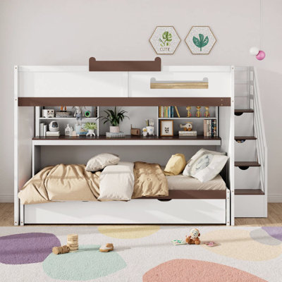 Lit superposé triple double avec lit gigogne, rangement pour escalier, lumières DEL et tablettes - Lit pour enfant peu encombrant