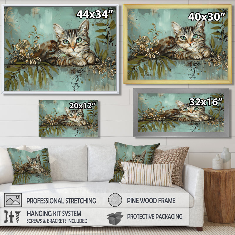Chat rétro Playful Kitty I - impression murale, H 12 po x l 20 po, Impression dans un cadre flottant sans passe-parto, Blanc
