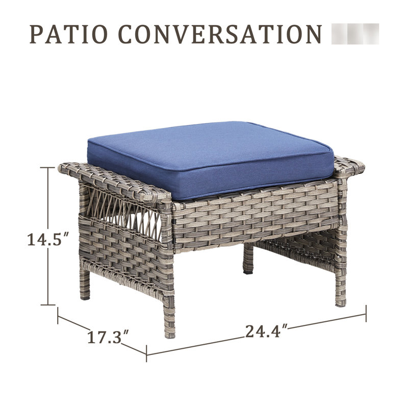 Extérieur pour 2 personnes, repose-pieds gris pour patio avec coussins bleus pour terrasse, coussins confortables en mousse haute densité de 3,5 po d'épaisseur, structure en acier thermolaqué rouille, résistant aux intempéries et à la décoloration