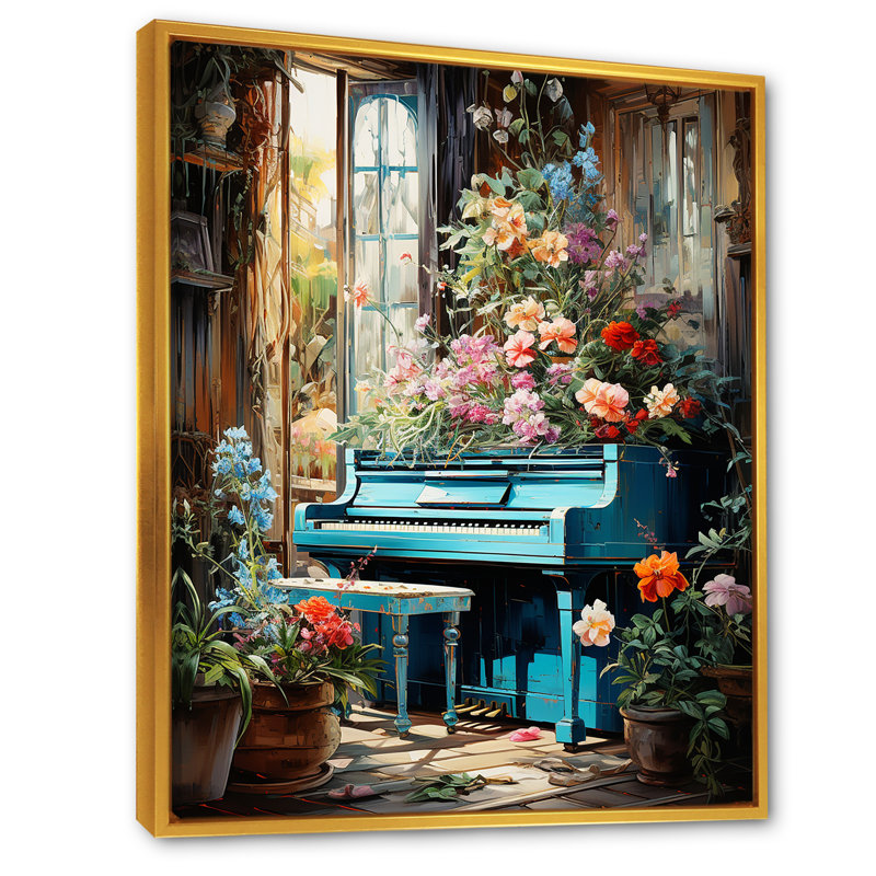 Piano Tropical Tunes - Music Piano, art mural, Cadre flottant doré, H 44 po x l 34 po x P 1,5 po