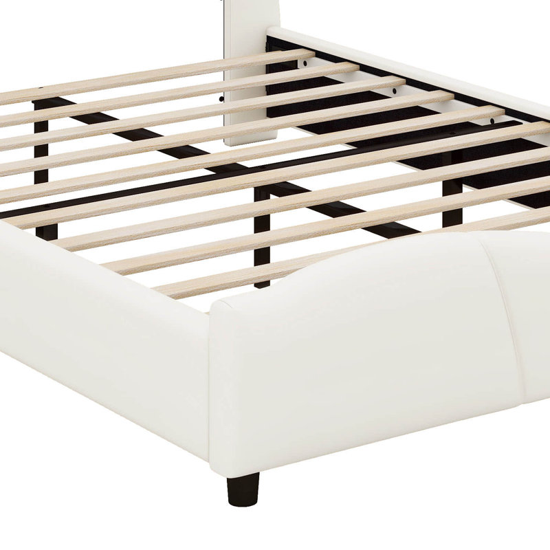 Lit pour grand lit avec tête et pied de lit papillon, lit plateforme tapissier en similicuir avec décor en métal doré, Beige