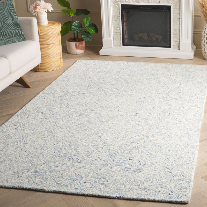 Ivory and Blue Hand-Tufted Wool Floral 3' x 5' Rug