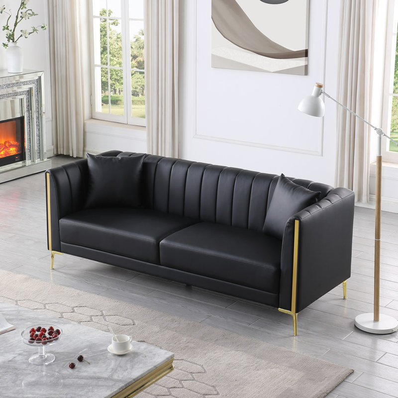 Dreiling 77.6" Faux Leather Tuxedo Arm Sofa, Black Performance Faux Leather