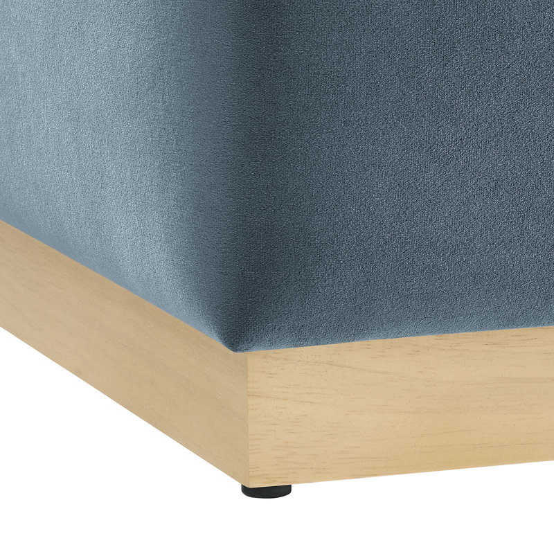 Cadet Blue Velvet Upholstered Ottoman with Rubberwood Base
