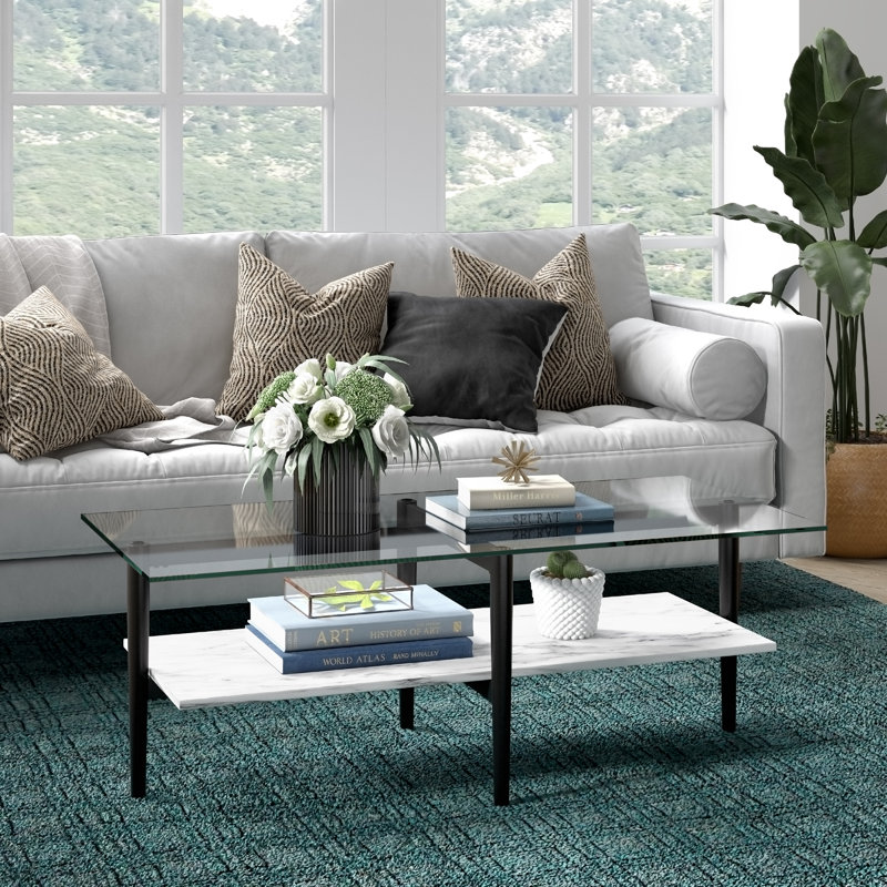 Otto Glass Top Coffee Table, Black/Faux Marble