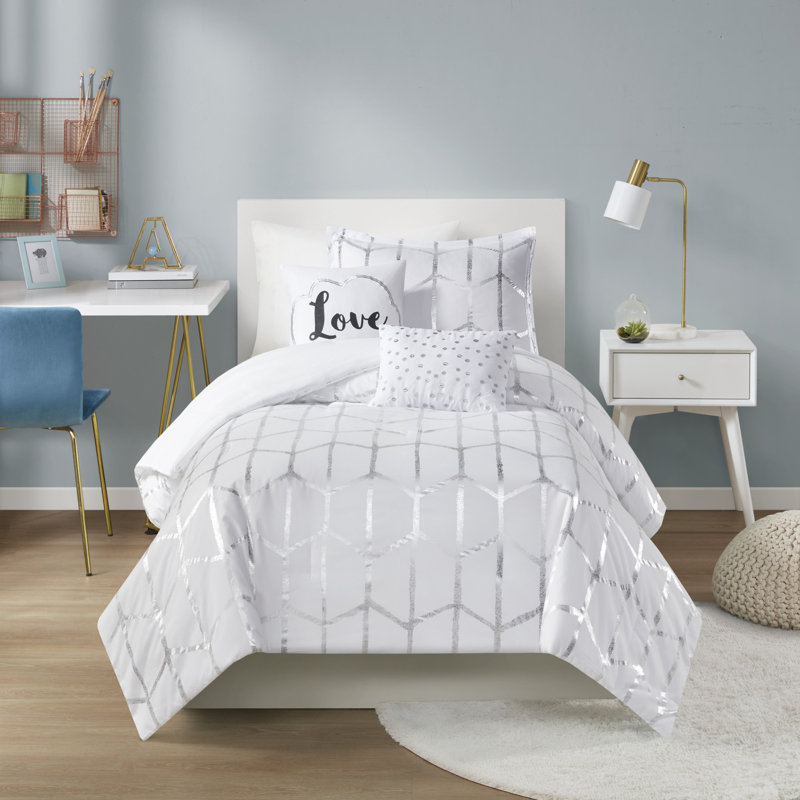 Ensemble d'édredon à imprimé métallique Raina, Édredon simple / simple TG, 1 taie décorative et, Blanc / argent