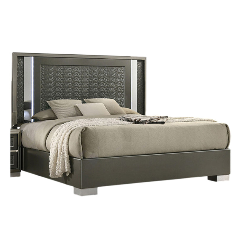 Levi Queen Bed, Dark Gray, Solid Teak And Rubberwood, Modern LED Lighting, Queen