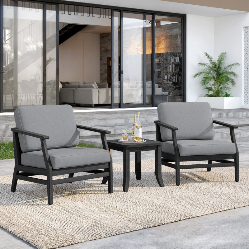 Polett Teak Outdoor Two-person Patio Set With Cushions And Side Table, Gray, Black, 3 Pcs: 2 Chairs, Table