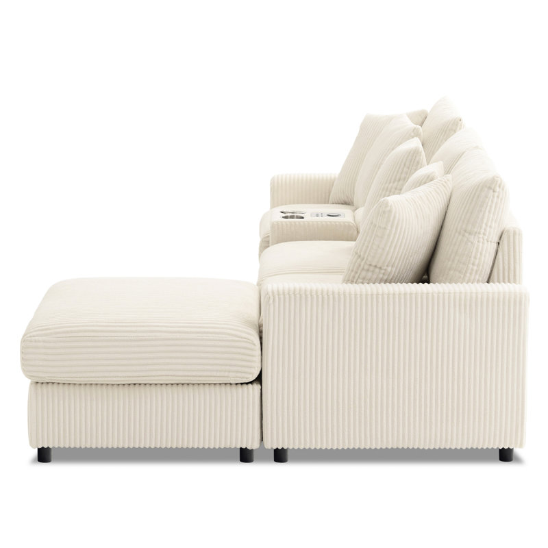 Espace de vie en velours côtelé, porte-gobelets, rangement, hauteur de bras 21 po, canapé modulaire crème, capacité de poids de 330 lb,