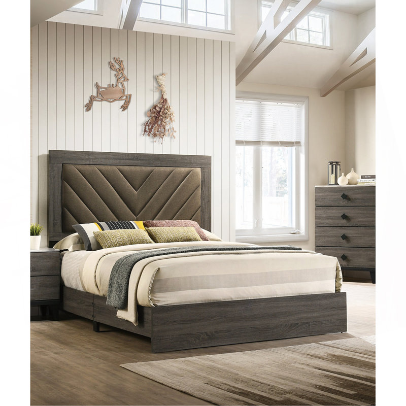 Lit plateforme tapissier, Gris / Brun, Grand