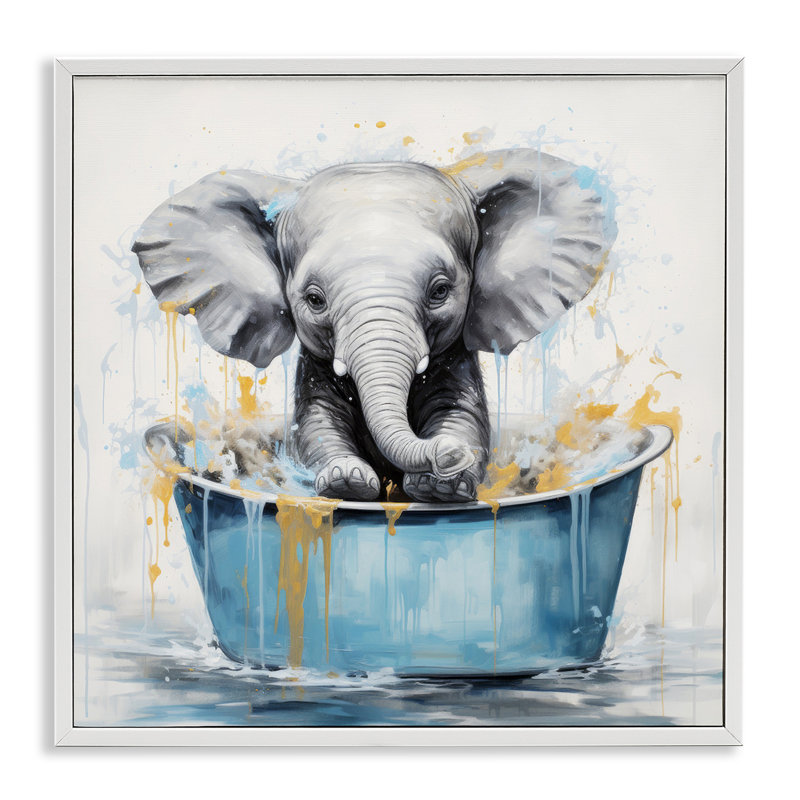 «Bathing Baby Elephant Giclee Art» par Lazar Studio, Giclée encadrée blanc bord de mer, H 24 po x l 24 po