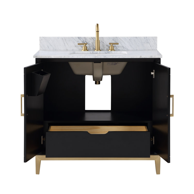 Gracie 36'' W Single Vanity, Calacatta Quartz, Midnight Black, Satin Brass
