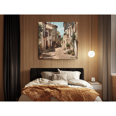 Mediterranean Village Street Scene Canvas Wall Art, Rustic European Cobblestone Alley Print, Beige and Brown Home Decor