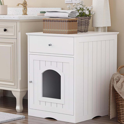 Wooden Pet House Cat Litter Box Enclosure with Drawer, Side Table, Indoor Pet Crate, Cat Home Nightstand (White)