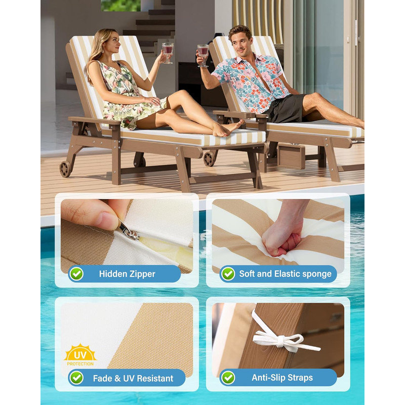  Outdoor Chaise Lounge Cushion Olefin Fabric Waterproof Fade-Resistant, Yellow/White Striped