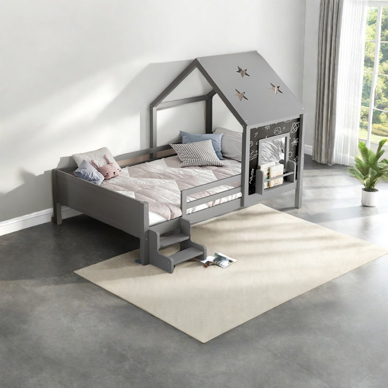 Lit multifonctionnel en bois massif avec toit étoile moderne et rangement, gris