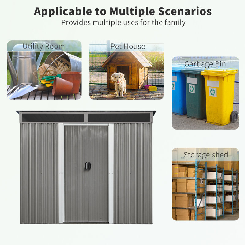 Gray 8'x6' Metal Outdoor Storage Shed with Windows and Sliding Door