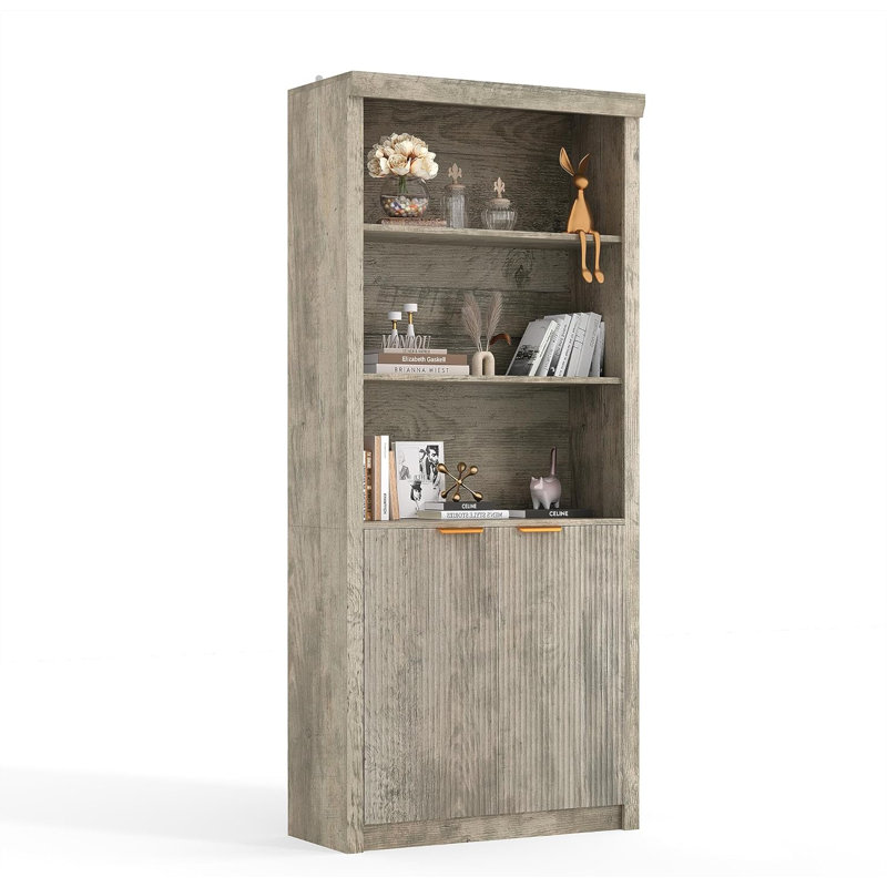 71" Tall Bookshelf with Fluted Doors, 5 Tier Bookcase Display Shelves with Storage Cabinet & Adjustable Shelf, Mid-Century Modern Bookshelves, Oak