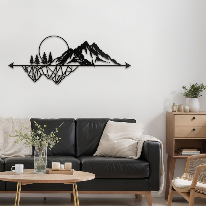 Décoration murale abstraite murale montagne et arbres, H 14,76 po x l 36 po x P 0,05 po, Noir