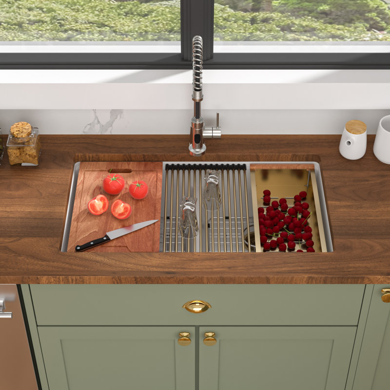 Évier de cuisine en quartz 33 po x l 19 po à double cuve encastrable en granite avec crépine et support à roulettes