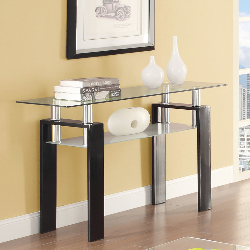 Table rectangulaire en verre avec structure en métal noir et 1 tablette pour un rangement simple et compact dans les espaces de vie principaux, 30 pouces de hauteur, pièces de style minimaliste polyvalent, 16 profondeurs
