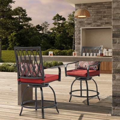 Edin Outdoor Patio Swivel Bar Stool of 2 Iron Bar Height Bistro Chairs, with Padded Cushions and Extra Pillows, for Patio, Black and Red Color by Winston Porter