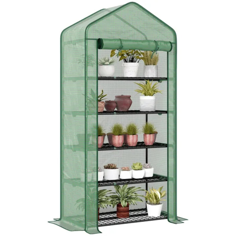 5-tier Mini Portable Greenhouse, Outdoor Indoor Plant Grow House With Pe Cover & Roll-up Zipper Door, 76" X 35.4" X 19.3"