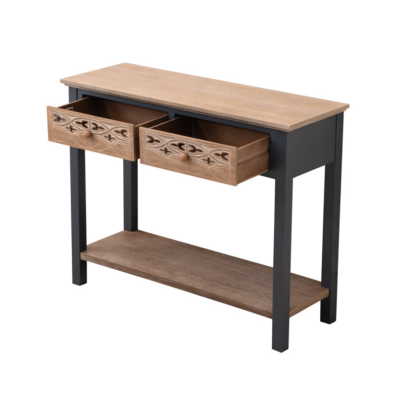 Console 39 po avec 2 tiroirs Fienley, naturel riche, bleu
