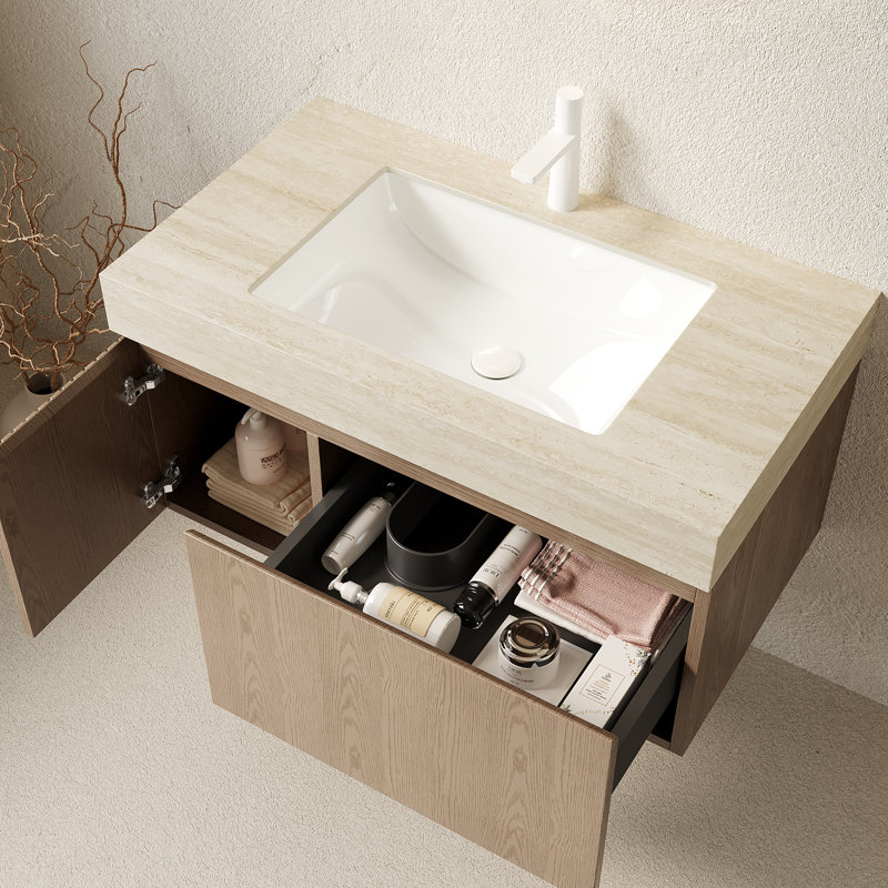 Meuble-lavabo suspendu moderne avec lavabo, comptoir en pierre frittée, grand espace de rangement