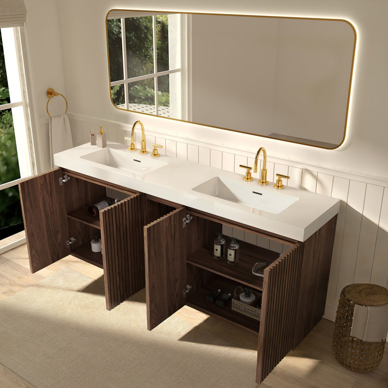 Meuble-lavabo double 72 po avec surface solide, Blanc / Brun, Espacé