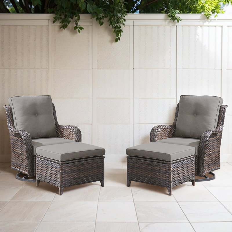Bonia Makennah Swivel rocking Patio Chair with Cushions and Ottoman, Brown, Gray