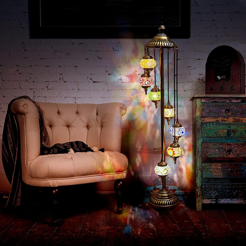Lampe sur pied marocaine fabriquée à la main avec 7 globes de style bohémien pour la décoration intérieure